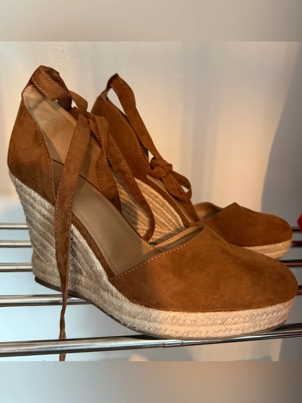 Women’s Tan Espadrille Wedge Sandals with Ankle Wrap